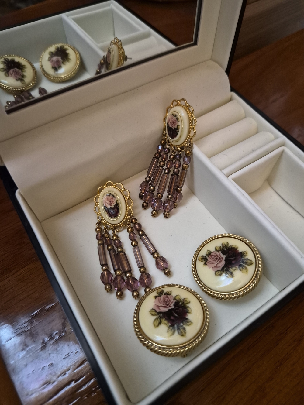 1928 Gold-Tone Floral Porcelain Dangle Earrings with Purple Beads